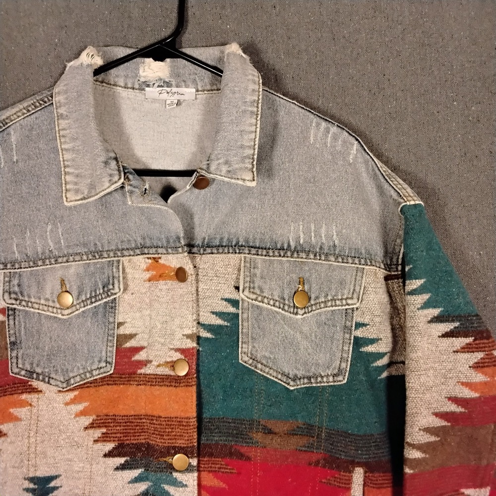Polagram Womens M Southwestern Tapestry Denim Jacket Aztec Print Mixed Media